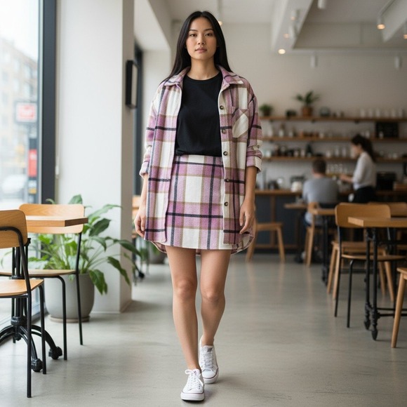 Dresses & Skirts - Womens‎ 4 Shacket Shirt Jacket Mini Skirt 2pc Outfit Preppy Pink Plaid Angelcore